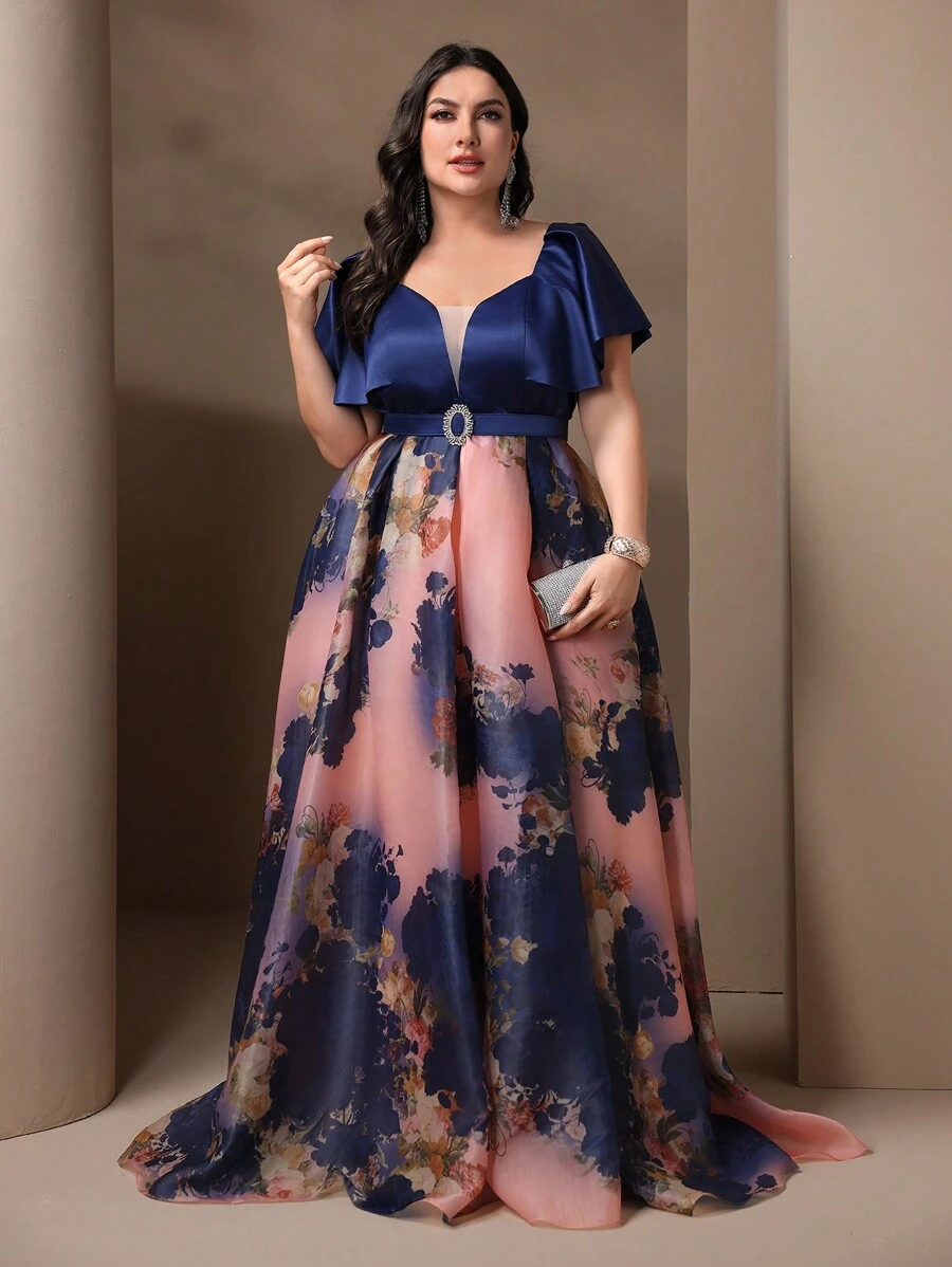 大码花卉印花拼布伴娘礼服优雅连衣裙 - 彩色 - 查看 1
