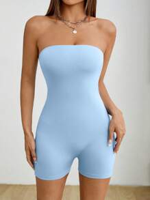 SHEIN PETITE Women Summer Solid Color Strapless Romper Unitard - Baby Blue - View 6