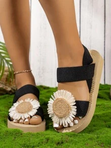 Sandalias de cuña y planas con estampado de girasol simple y casual para mujer, con puntera redonda, tira elástica y suela blanda para vacaciones, fiesta y playa en beige para San Valentín