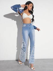 Denimoi Ripped Layered Panel Flare Leg Jeans - Medium Wash - View 5