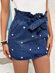 SHEIN Frenchy Holiday Heart Pattern Denim Mini Skirt With Fringe Edge For Women, Blue Summer Thanks Giving Casual - Dark Wash - View 1