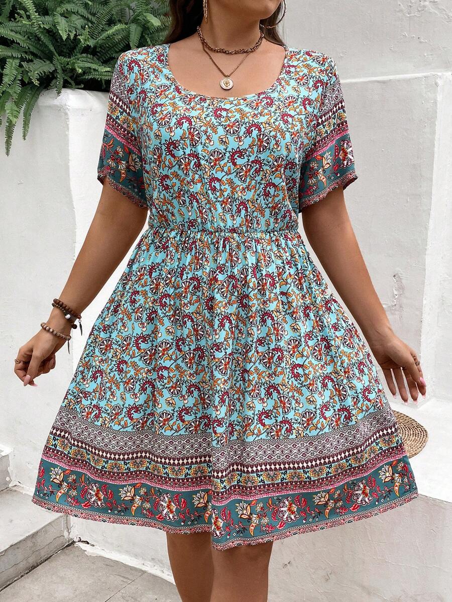 SHEIN LUNE Plus Size Nữ sành điệu Váy chữ A in hình kỳ nghỉ hè - Nhiều màu - Xem 1