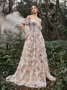 Faeriesty 奢华露肩印花晚礼服，泡泡袖高开衩A字裙摆，适合正式晚宴、婚礼招待会、优雅春季度假派对等场合。 - 杏色 - 查看 5