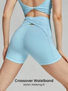 GLOWMODE 4.3" FeatherFit™高腰交叉防滑短褲，低衝擊瑜伽日常穿著 - 水藍色 - 查看 3
