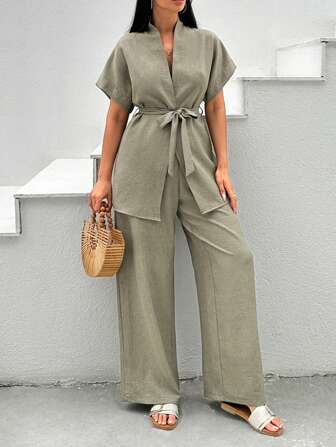 Ensemble cosy de deux pièces roses, blouse à manches chauve-souris kaki ajustée régulière avec ceinture, pantalon pour femmes, tenues décontractées de deux pièces, printemps/été, porter au quotidien