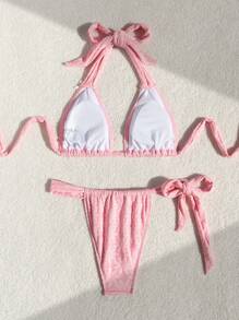 SHEIN Swim Women Fashionable Sweet Summer Halter Neck Bikini Two-Piece Swimwear Set
