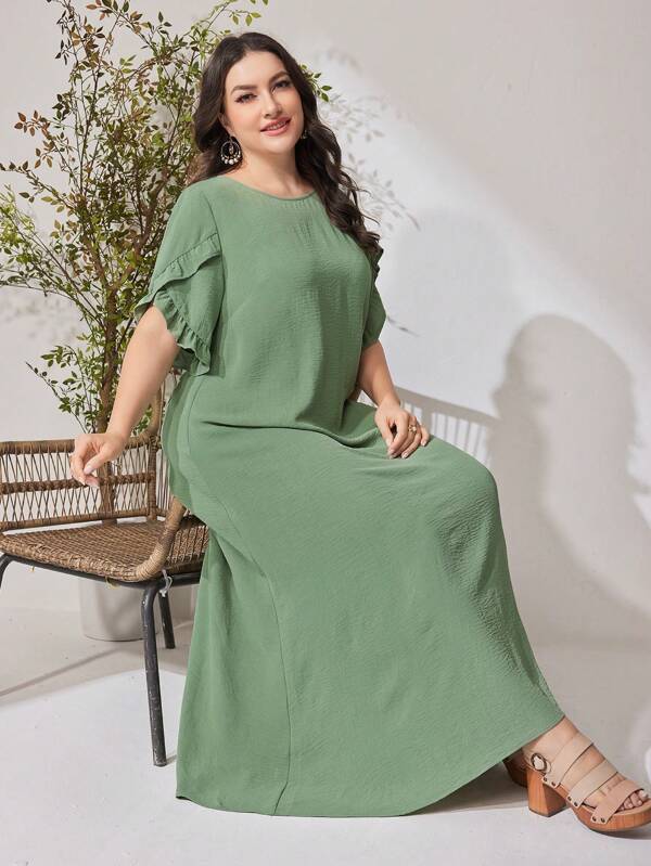 Al Najma Plus Size Solid Color Round Neck Abaya Dress With Petal Sleeves Clothing, Summer Jalabiya, Casual Dress