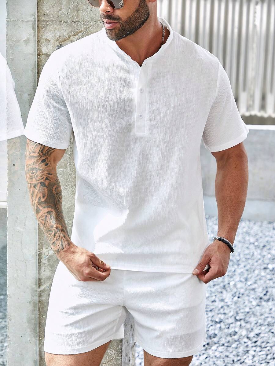 Manfinity RSRT Men Plus Size Solid Color Short Sleeve Polo Shirt And Shorts Casual Set For Summer - White - View 1