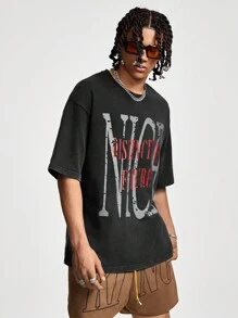 Manfinity VCAY Herren Acid-Washed T-Shirt mit englischen Buchstaben, Rundhalsausschnitt, Kurzarm, locker geschnitten für den Sommer