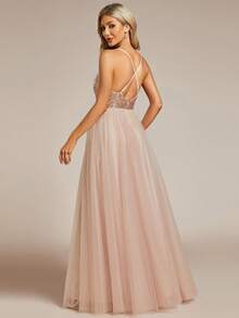 EVERPRETTY Cross Back Glitter Mesh Dress With Slit And Sequin Embellishment - Champagne - View 2