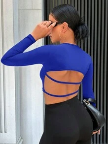 EURMUSE Áo thun hở lưng rắn chắc - Màu xanh lam - Xem 1