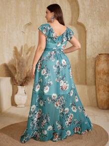 Plus V-Neck Floral Print Ruffle Trim Belted Chiffon Bridesmaid Dress - Green - View 3