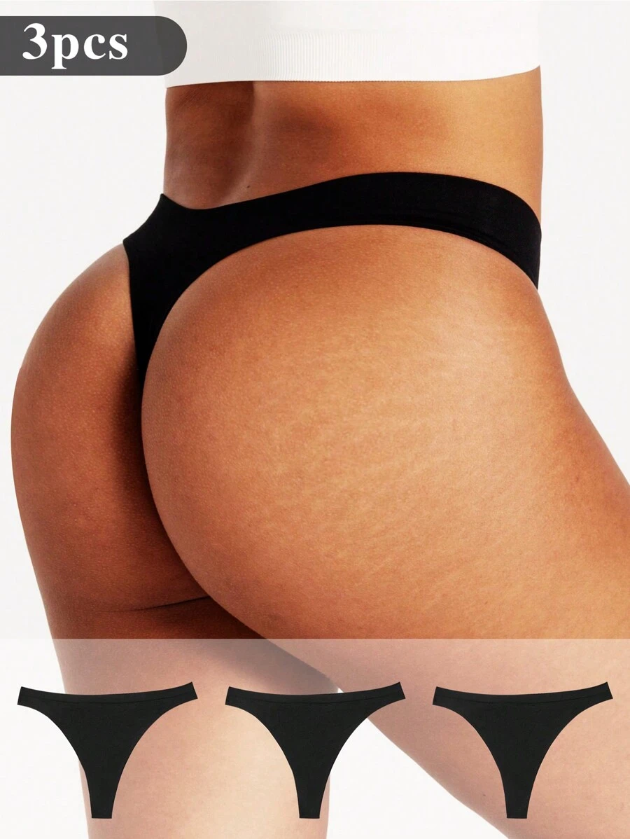 Easithlete Plus Size Women Solid Color Simple Sports Thong Panties 3 Pcs - Black - View 1