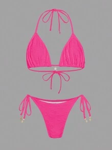 Swim Mod Summer Beach Women's Solid Color Halter Neck Bikini Set - Hot Pink - View 3