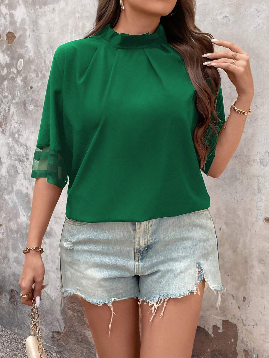 SHEIN Clasi 大碼女性夏季純色立領寬鬆優雅蝙蝠袖上衣 - 綠色 - 查看 1