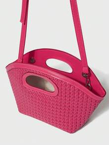 SHECARRY 時尚基本款PU編織女提手袋，適用於女士，適用於假期，適用於旅行，適用於夏季，編織袋，手編手提包，帶可調節肩帶，新款手提袋 - 玫紅色 - 查看 4