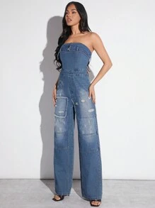 Denimoi 寬管牛仔連體褲，有摺疊口設計 - 淺色水洗藍 - 查看 3