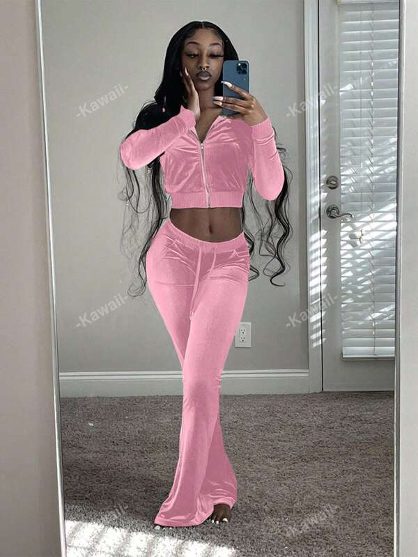 Zip Up Crop Jacket & Flare Leg Pants