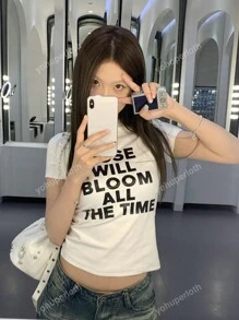 Retro American Letter Print Short Sleeve T-Shirt, Minimalist Design, Slim Fit Casual Top Suitable For Summer