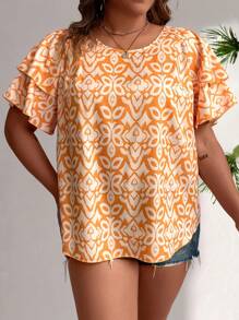 Celure Plus Size Nữ Dáng Rộng In Hoa Phong Cách Ngày Lễ Cổ Tròn Xù Tay Ngắn Áo Cho Mùa Hè - Màu vàng - Xem 5