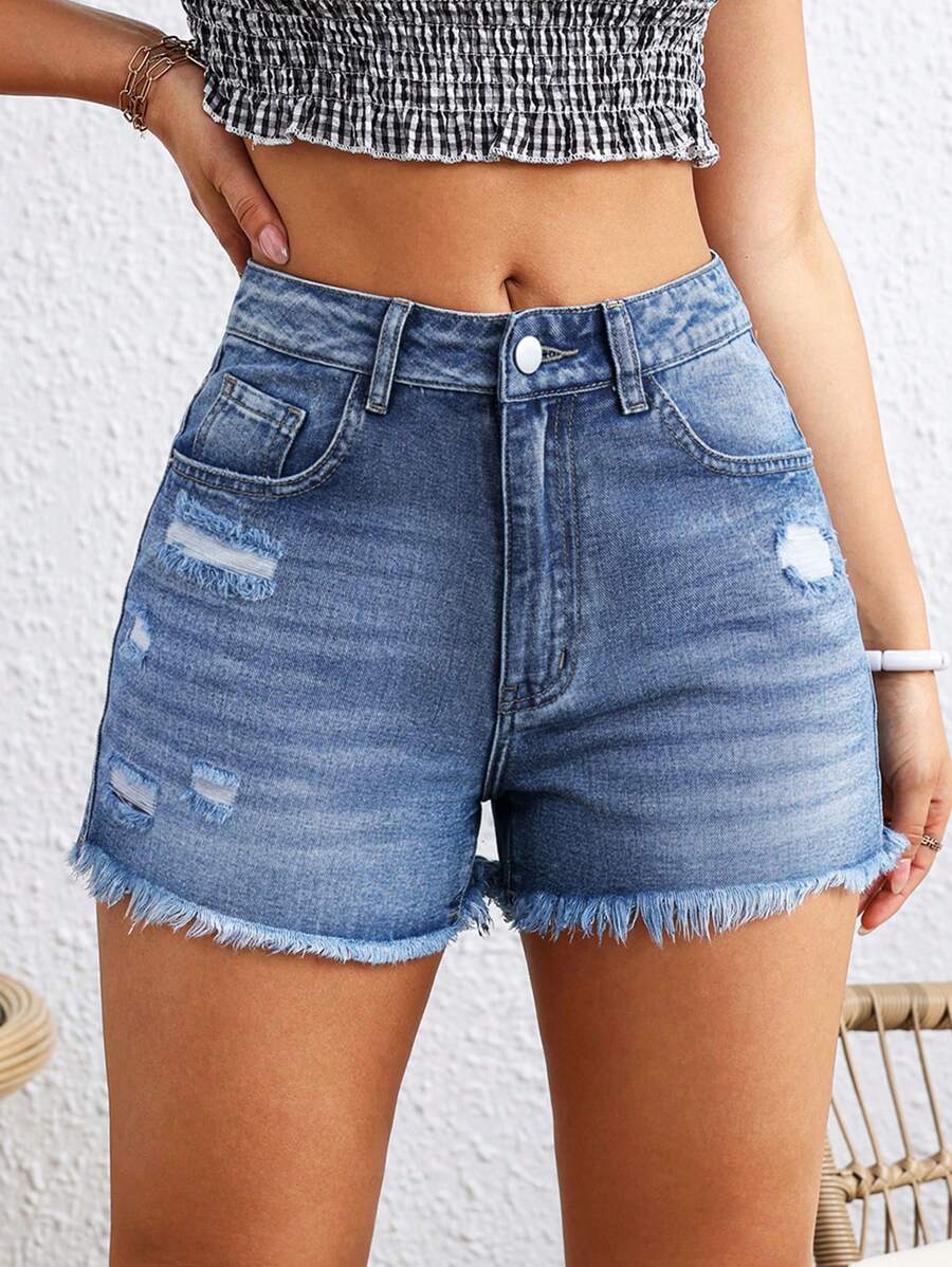 Breezaya Pantalones cortos de mezclilla de borde deshilachado y unicolor para mujer con bolsillos, pantalones cortos estilo 'Mamá' para el verano - Azul lavado medio - Ver 1