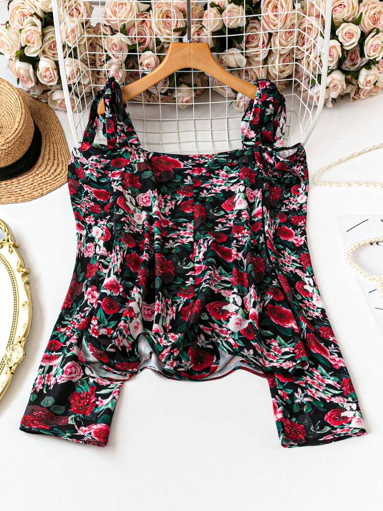Plus Size Women's Floral Printed Strapless Long Sleeve Shirt