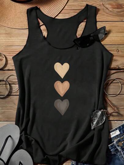 SHEIN LUNE 女士休闲爱心图案修身圆领背心，适合夏季休闲穿着