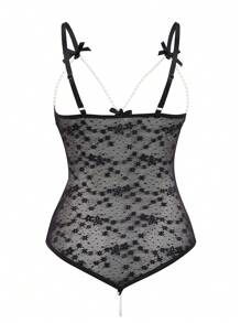 Lace Faux Pearl Decorated Strappy Sexy Bodysuit