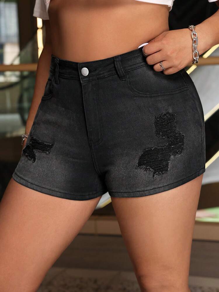 Plus Size Summer Casual Slim Fit Distressed Mini Denim Shorts