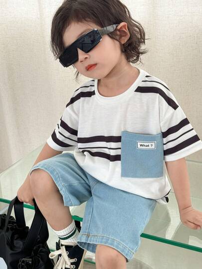SHEIN 男孩夏季休閒彩塊條紋短袖上衣+牛仔短褲2件套裝