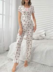 女士时尚樱桃印花短袖上衣和长裤睡衣套装带蝴蝶结装饰白色套装 - 白色 - 查看 4