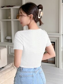 DAZY 女式纯色休闲系带短袖上衣，春夏季，短款上衣 - 白色 - 查看 2