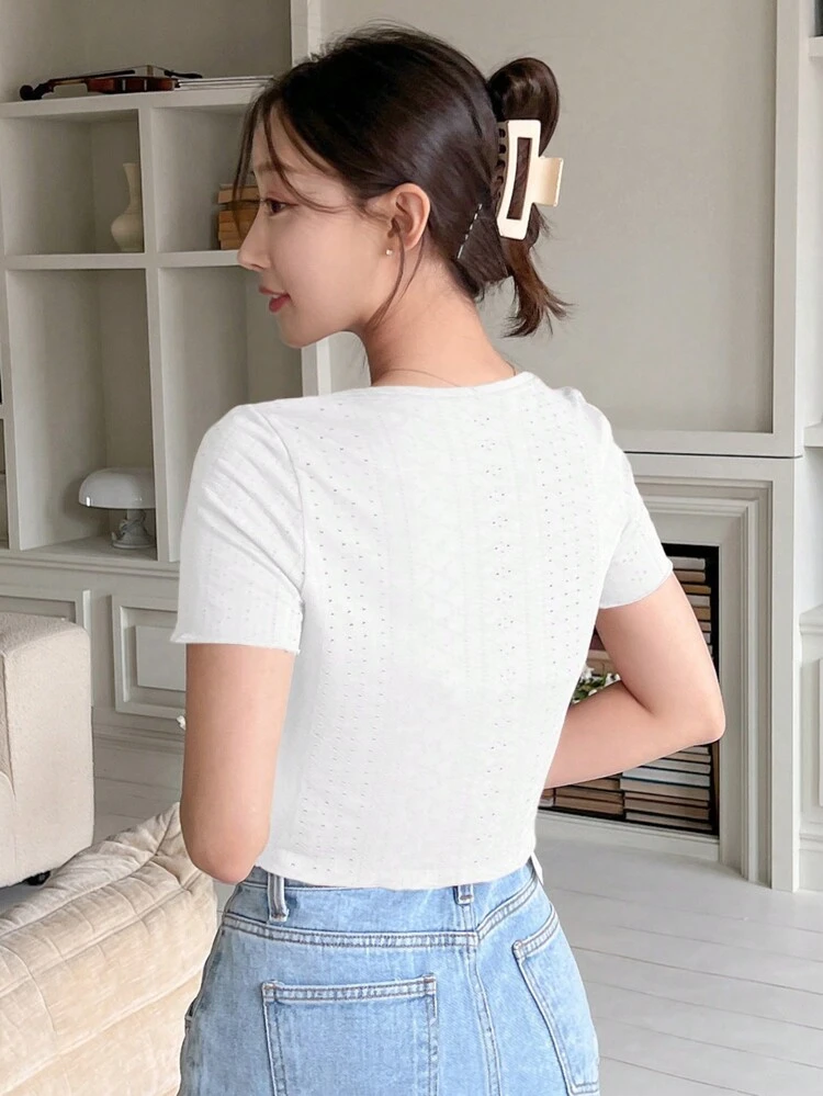 Women's Solid Color Casual Lace-Up Short Sleeve Top, Spring & Summer,Crop Tops Women