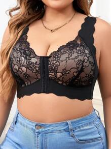 Bralette sin aros de unicolor con cierre delantero y encaje, lencería de talla grande - Negro - Ver 6
