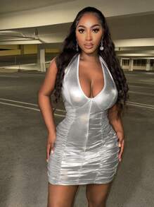 Zolique Women Metallic Ruched Halter Neck Mini Dress - Silver - View 5