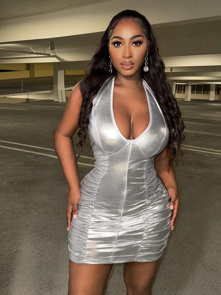 Women Metallic Ruched Halter Neck Mini Dress