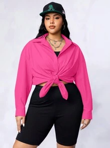 SHEIN EZwear CURVE 女式加大尺碼拼色休閒襯衫，背心上衣和單車褲三件套裝 - 玫紅色 - 查看 1