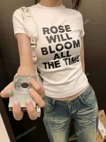 Retro American Letter Print Short Sleeve T-Shirt, Minimalist Design, Slim Fit Casual Top Suitable For Summer