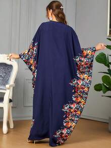 Women's Elegant Floral Print Batwing Sleeve Dress, Spring & Summer Modest Long Sleeve Kaftan Arabian Dress - Navy Blue - View 2