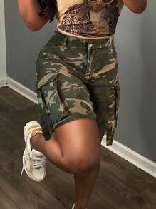 Women's Y2K Camouflage Multi-Pocket Loose Straight Leg Denim Shorts With Frayed Hem - Khaki - View 4