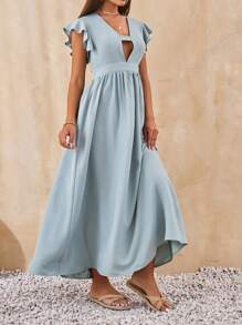 RueChic Vcay Ruffled Deep Neckline Mint Green Dress - Green - View 4