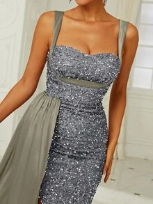 Missord Contrast Sequins Draped Side Split Thigh Cami Dress - Grey - View 5
