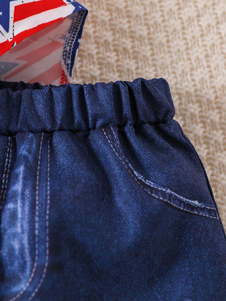 Baby Girls' Cute Casual Independence Day Print Tank Top And Denim Shorts Set, Spring/Summer