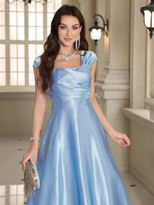 Elegant Solid Square Neck Maxi Gown Formal Evening Prom Wedding Guest Dress, For Graduation, Dinner Party Dress