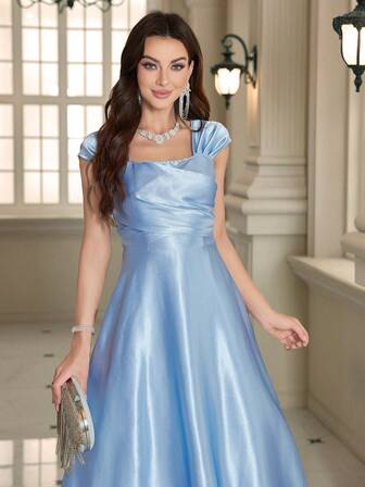 Elegant Solid Square Neck Maxi Gown Formal Evening Prom Wedding Guest Dress, For Graduation, Dinner Party Dress