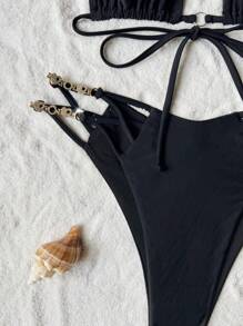 Swim SXY Conjunto de bikini de dos piezas con tirantes y cuello halter de unicolor para mujer, verano playa - Negro - Ver 6