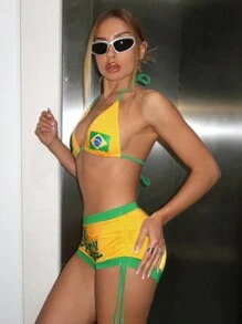 SHEIN ICON Y2k Summer Spring Outfits 2pcs Brazilian-Color Triangle Bikini Set, Featuring National Flag And Word Print, Ultra-Low Rise, Ruched Detail And Tied String Design - Yellow - View 5