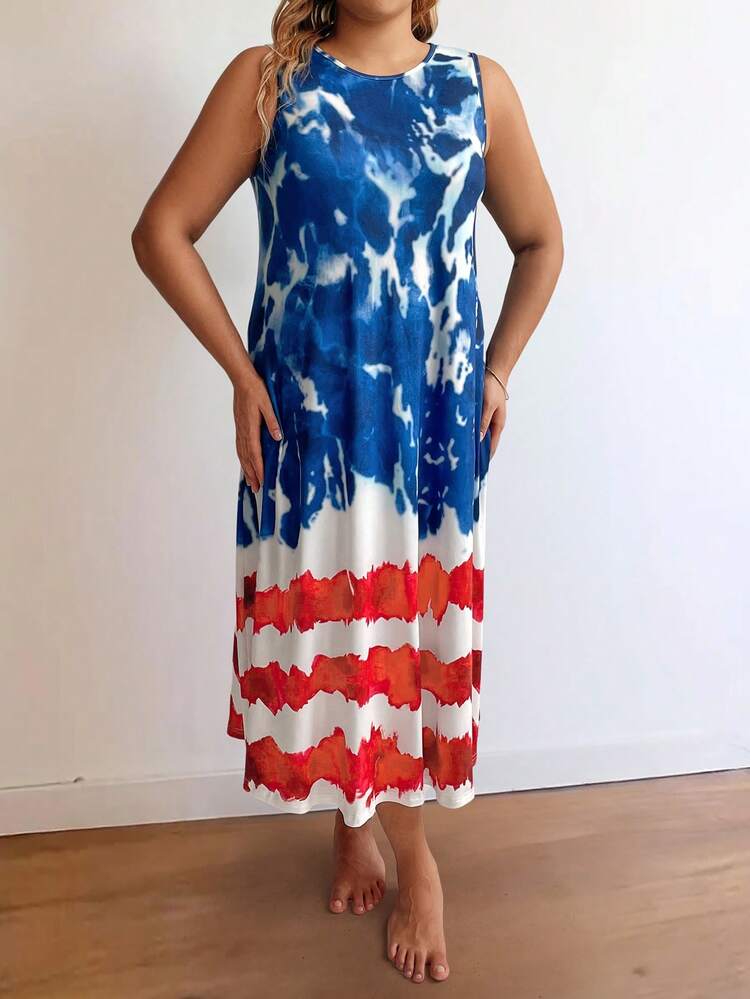 Plus Size Women Summer Tie-Dye Printed Round Neck Sleeveless Casual Dress