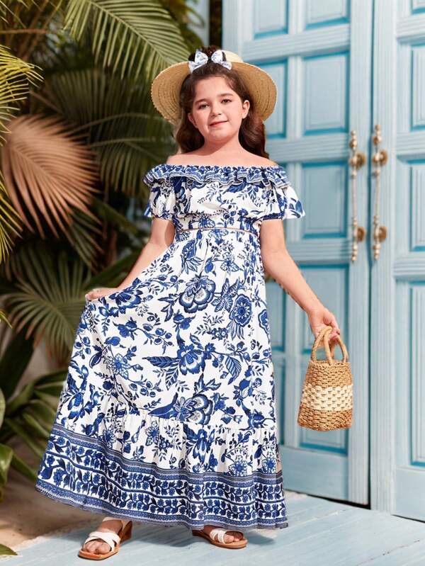 SHEIN Set aus bedrucktem Off-Shoulder-Top und Rock für Tween-Mädchen in Zwischengrößen, für Frühjahr/Sommer-Freizeiturlaub