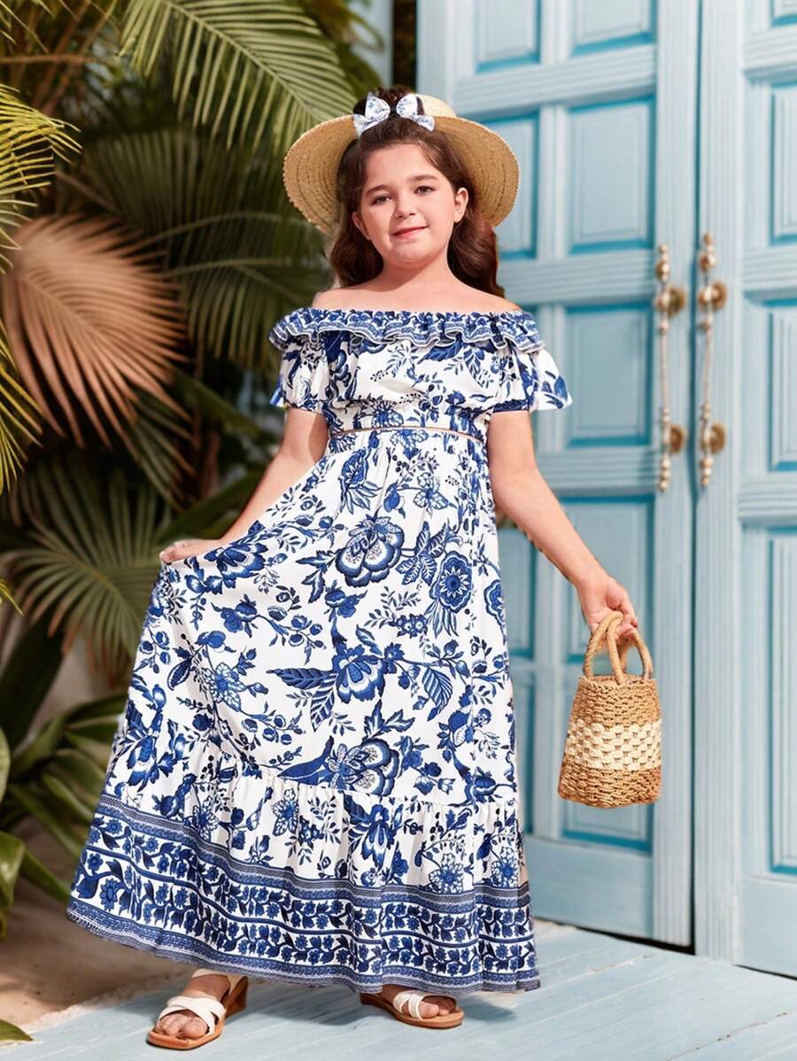 SHEIN Tween Girls Extended Size Printed Off-Shoulder Top And Skirt Set ...